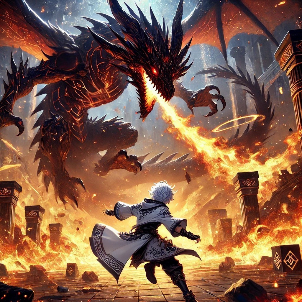 Kampfszene: Alexan weicht dem Feuer eines riesigen Drachen aus