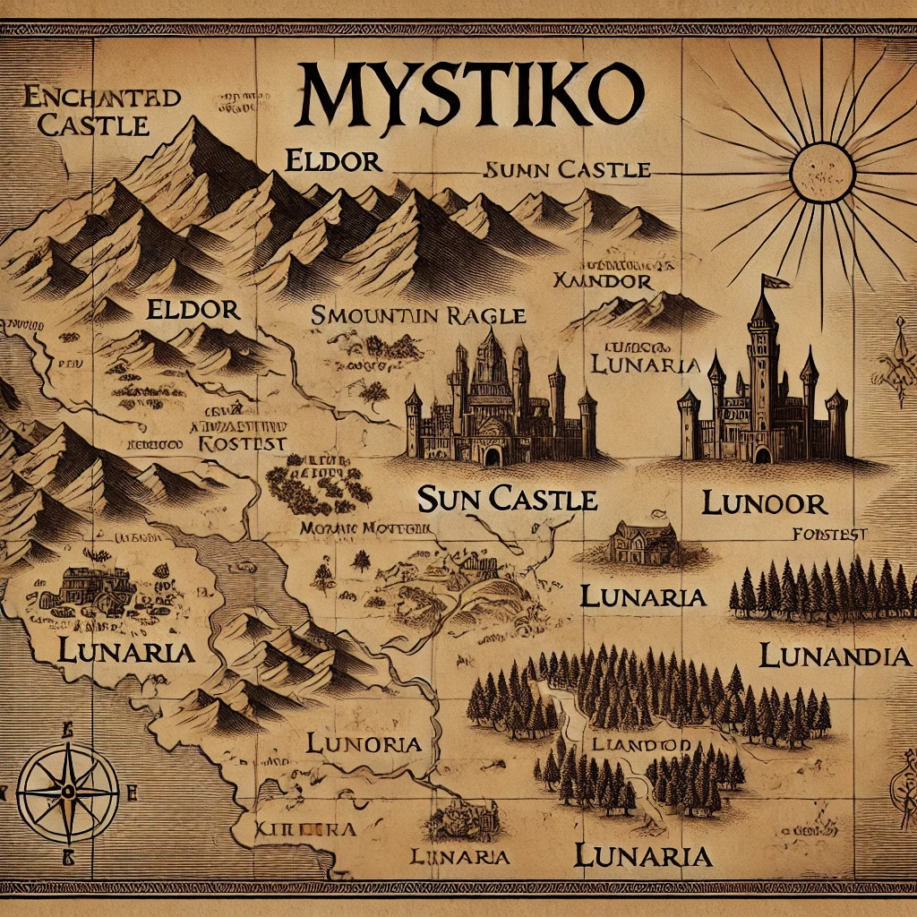 Originaler KI-Entwurf der Karte von Mystiko mit fehlerhafter Beschriftung