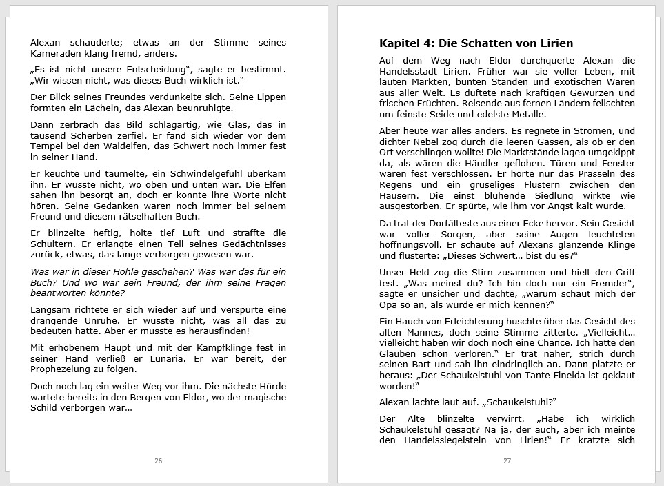 Das Buchlayout mit Absatzabständen, Seitenzahlen und korrekten Seitenrändern innen und aussen.