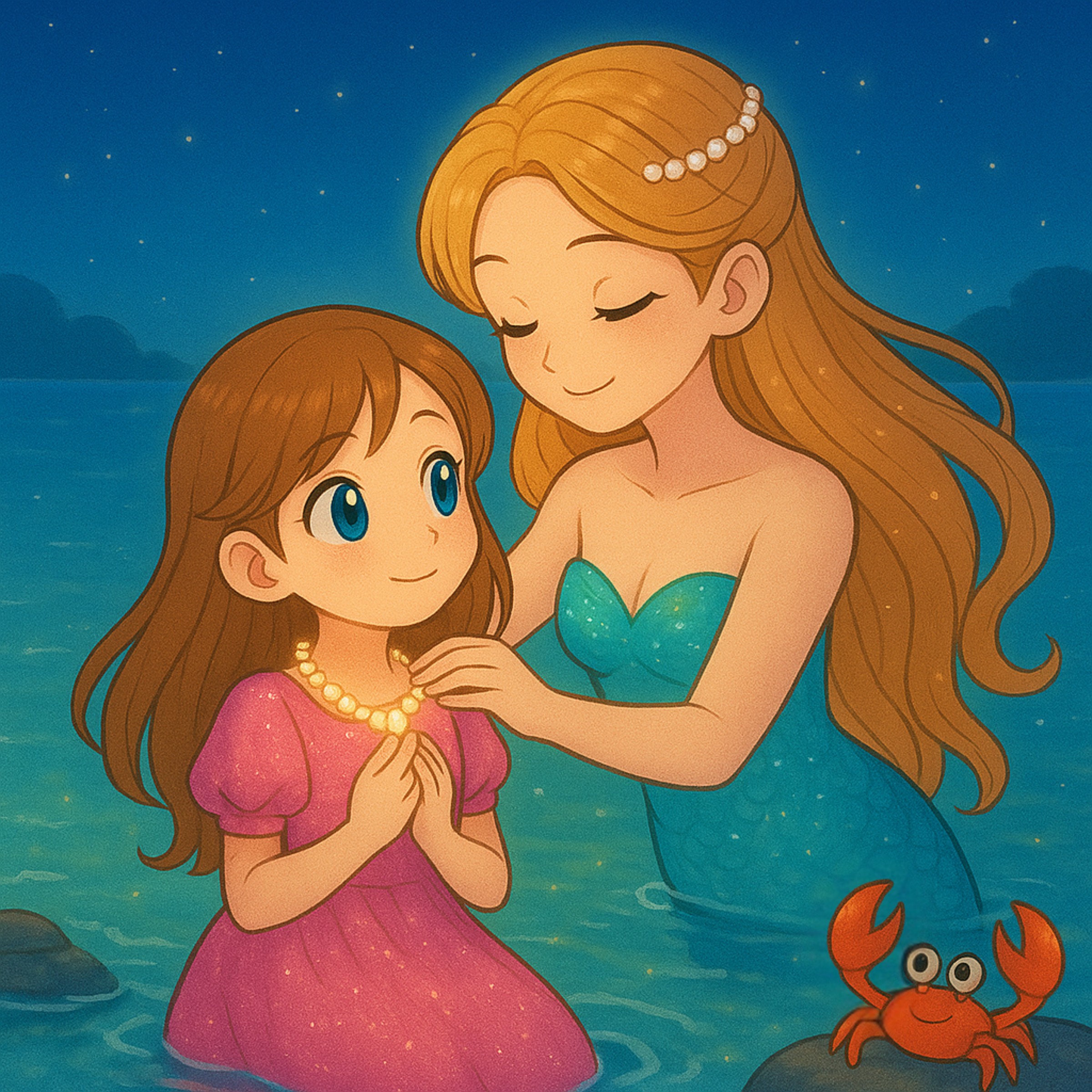 Magische Begegnung im Kinderbuch: Die weise Meerjungfrau schenkt Ayana eine Zauber-Perlenkette