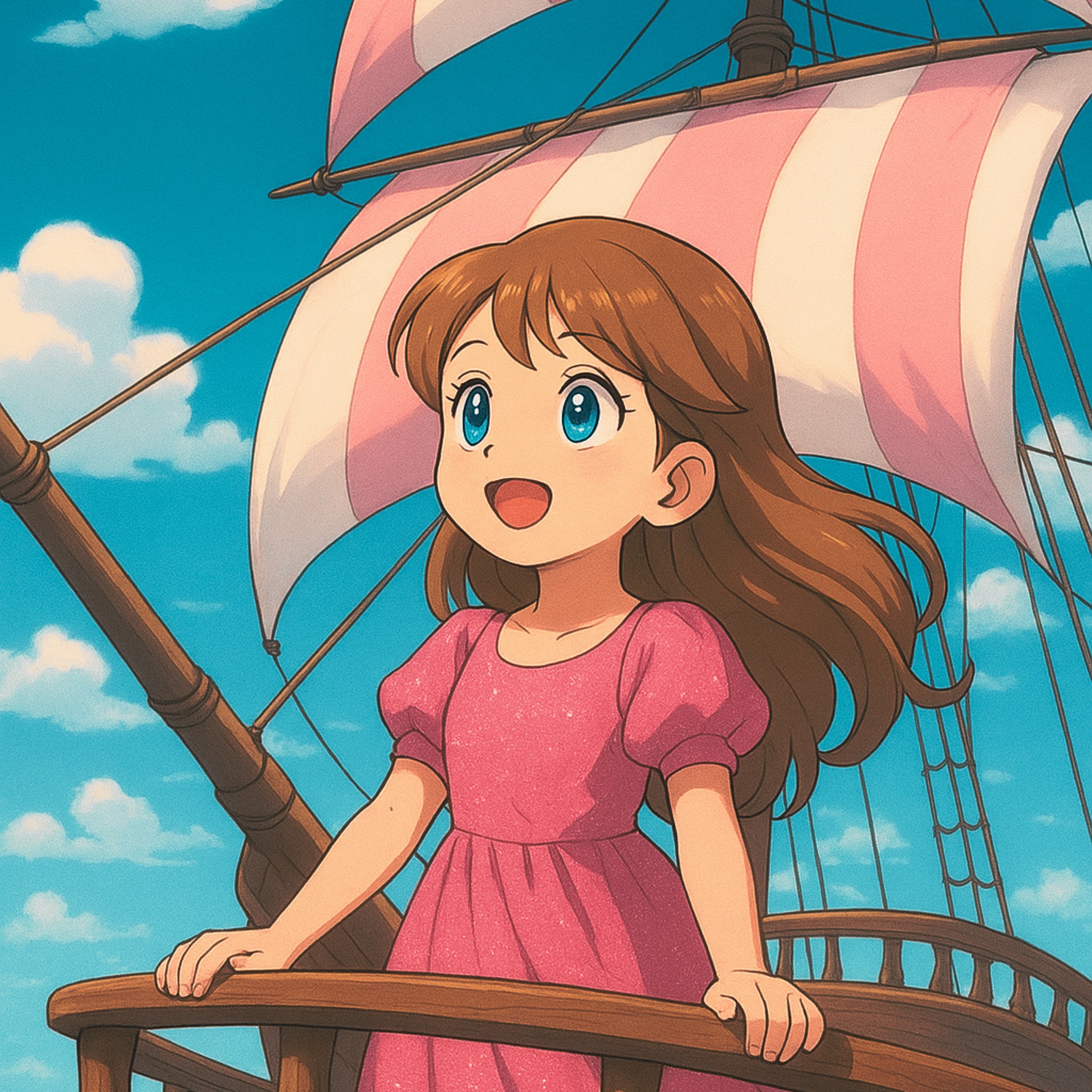 Illustration aus dem Kinderbuch: Ayana segelt auf dem königlichen Freundschaftsschiff ins Abenteuer