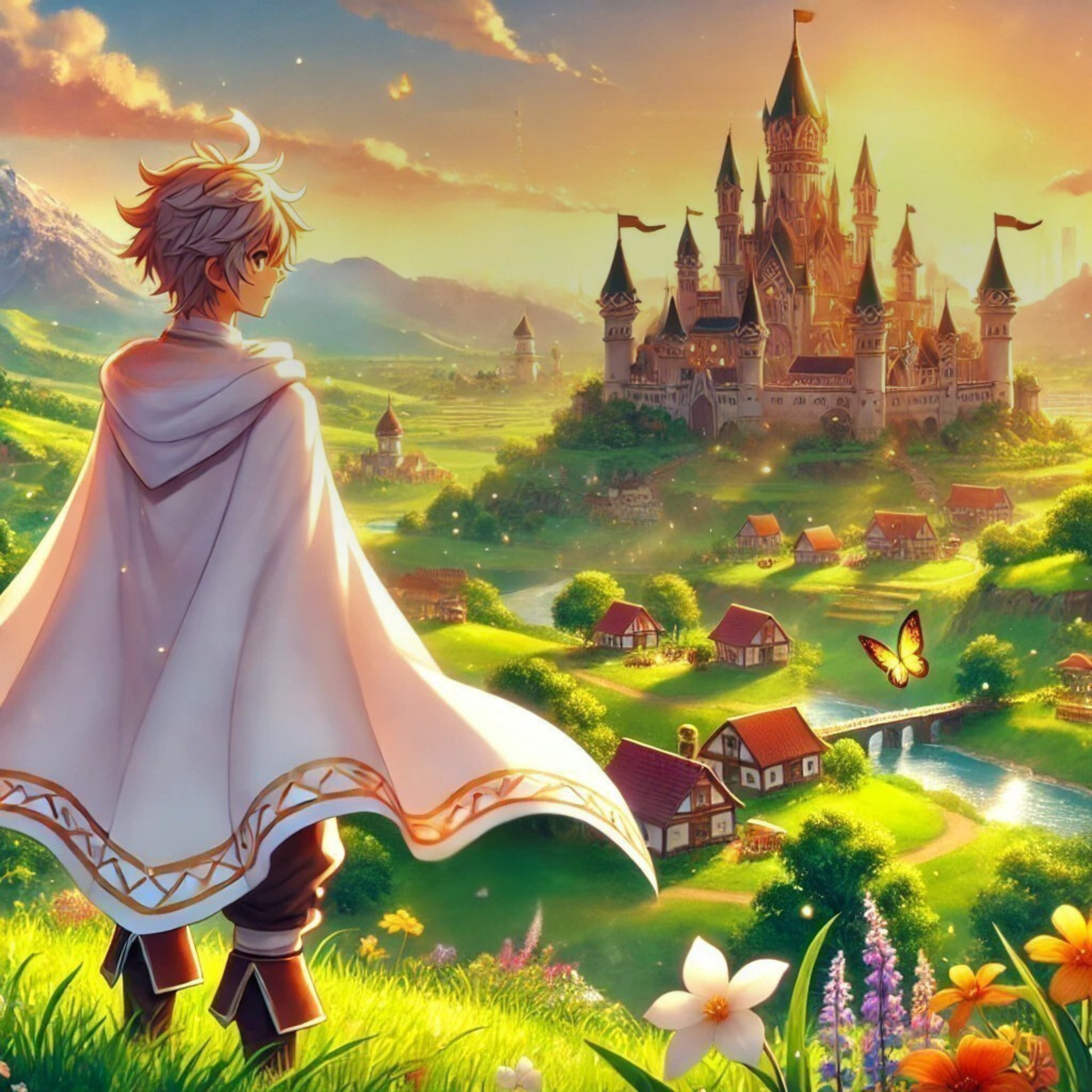 Rückenansicht von Alexan, der auf das Sonnenschloss von Mystiko blickt