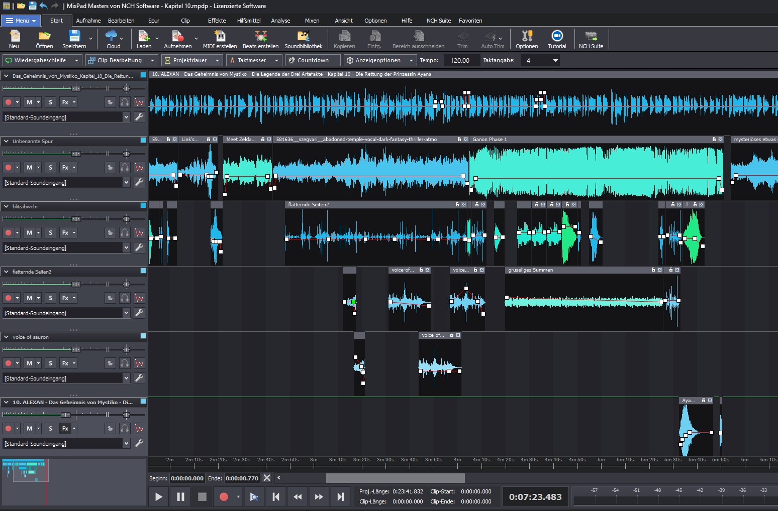 Screenshot der MixPad Masters Software mit mehreren Audiospuren für das Hörbuch-Mastering